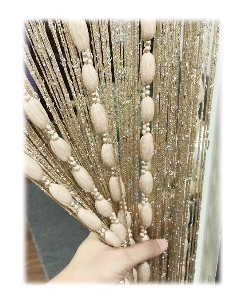 Eyotool Door String Curtain Flat Silver Ribbon Thread with Shaggy Tassel Room Divider, 39â€™â€™x79â€™â€™, (Gold-style2) - Image 1